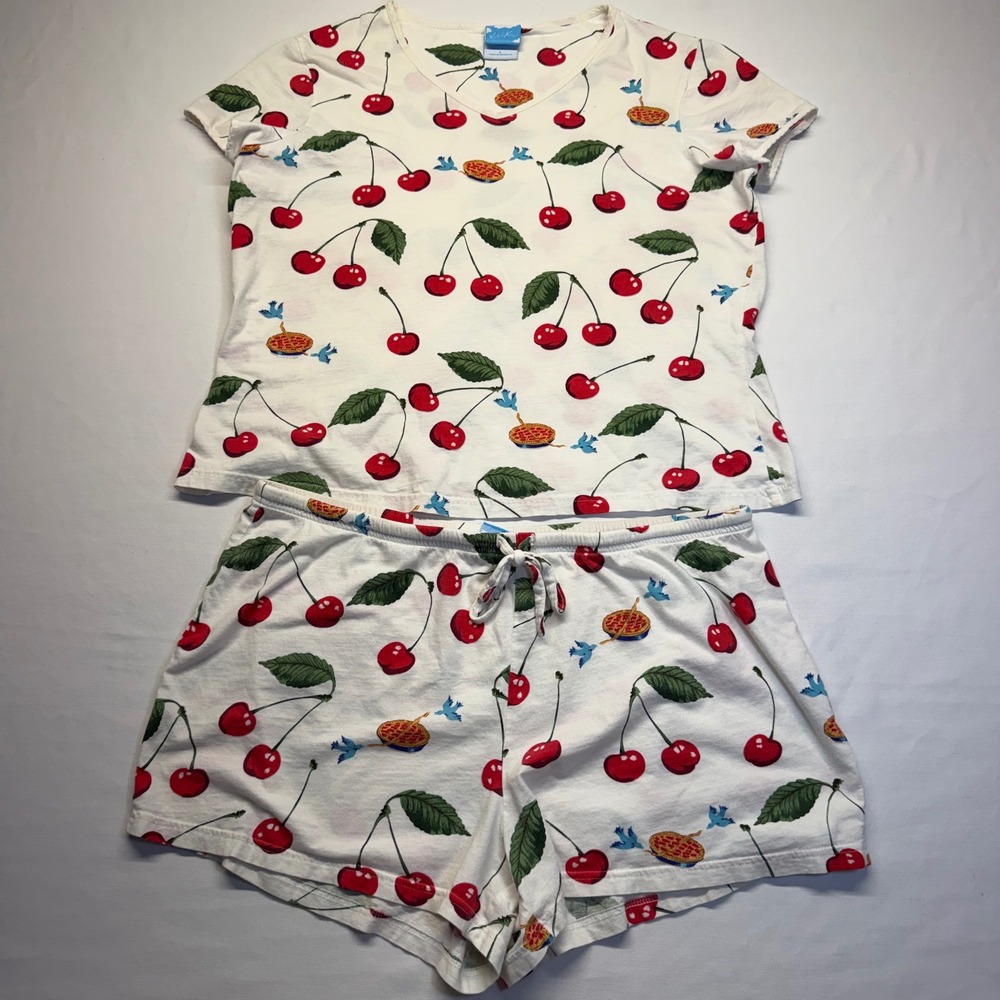 Nick & Nora Pajama Set Cherry Pie Blue Bird L White Women Y2K Short Set Retro